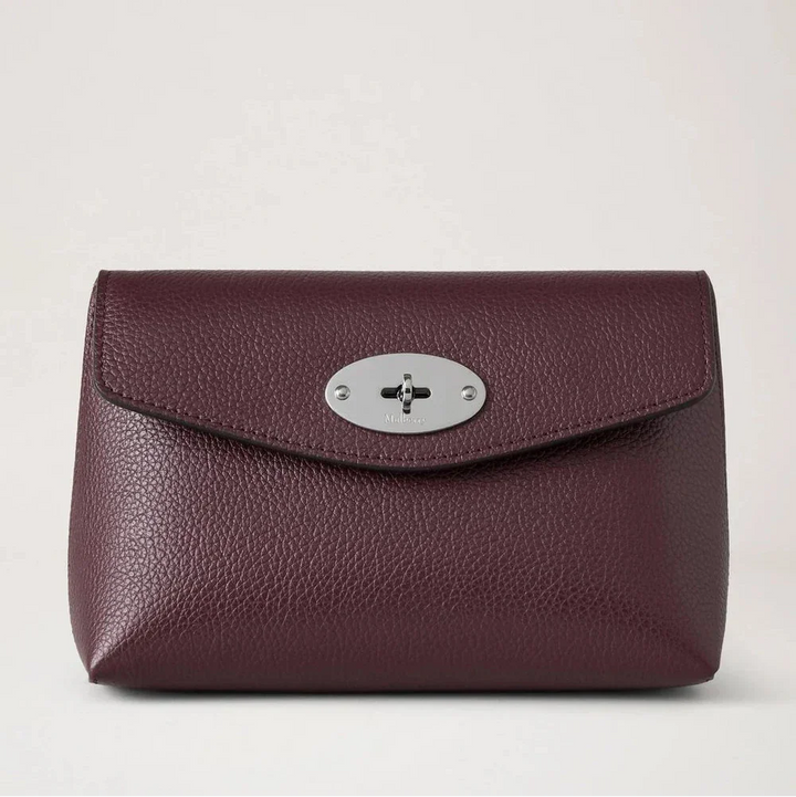 Mulberry Darley Cosmetic Pouch Small Classic Grain Black Cherry in dark purple leather, front with silver detail. Model RL5077205K560.