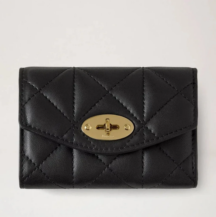Mulberry Darley Folded Multi-Card Wallet Black Quilted in black leather with gold buckle, Model RL8896676A100.