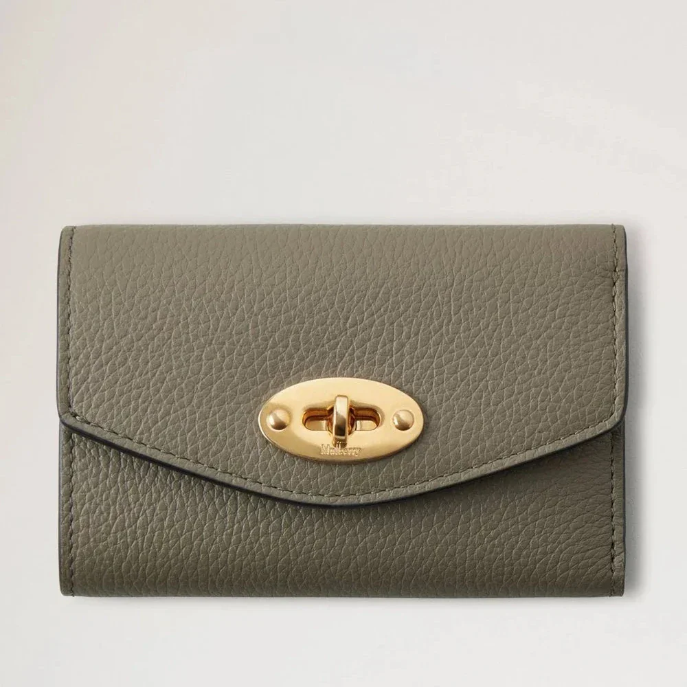 Mulberry Darley Folded Multi-Card Wallet linen green shows a green leather wallet with gold buckle, Model RL6665205R563
