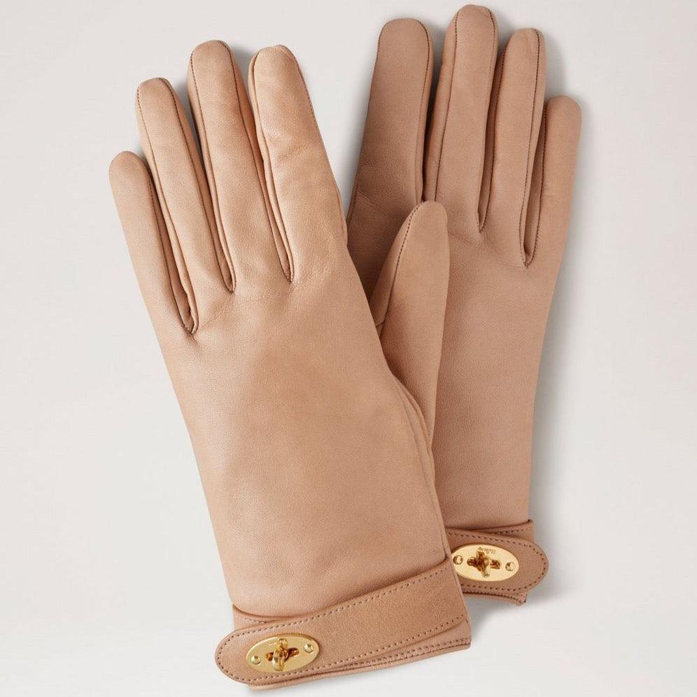 Mulberry Darley Gloves in light brown leather with gold detail at the wrist, elegant lady's glove. Model VG4105243E631-001