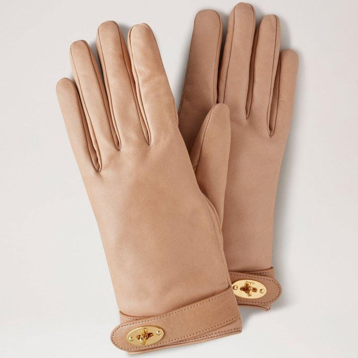 Mulberry Darley Gloves in light brown leather with gold detail at the wrist, elegant lady's glove. Model VG4105243E631-001