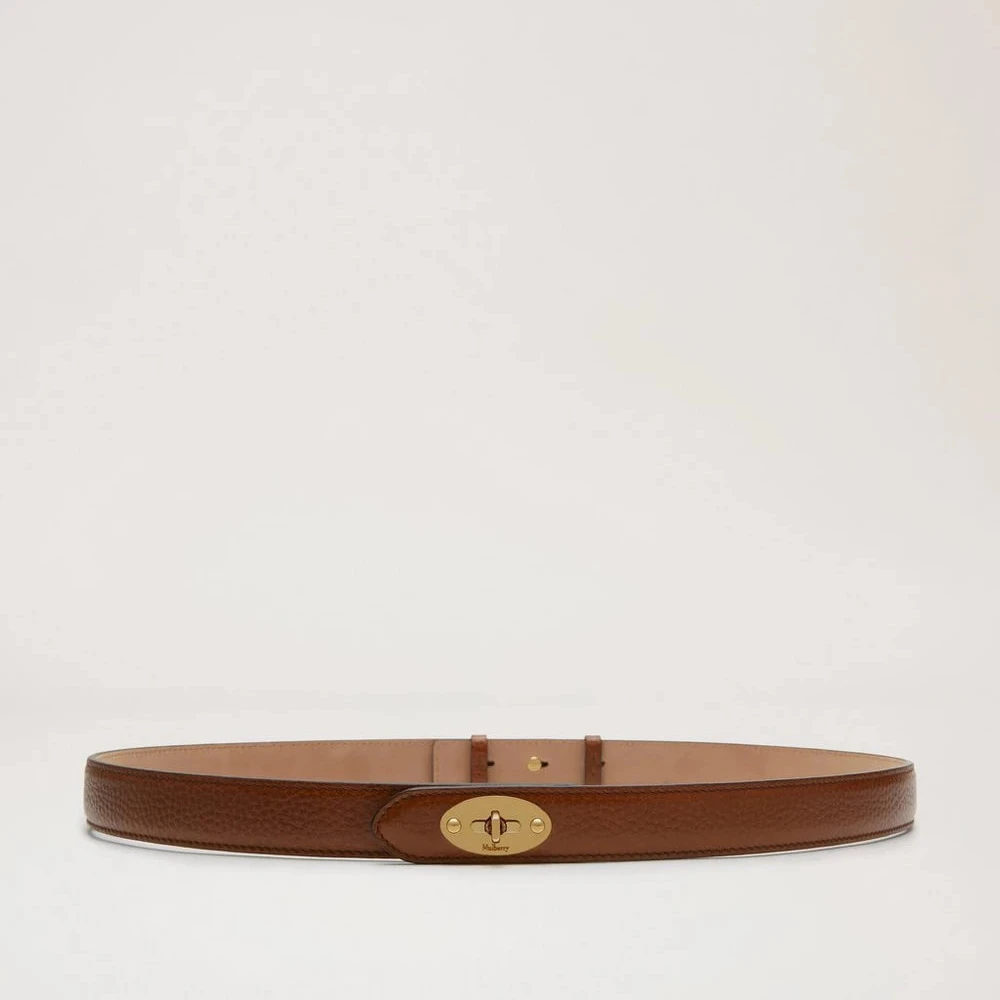 Mulberry Darley Thin Belt in brown leather with gold-colored buckle, shown on a white background. Model ML4850346G110