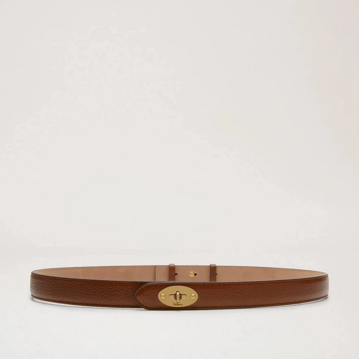 Mulberry Darley Thin Belt in brown leather with gold-colored buckle, shown on a white background. Model ML4850346G110