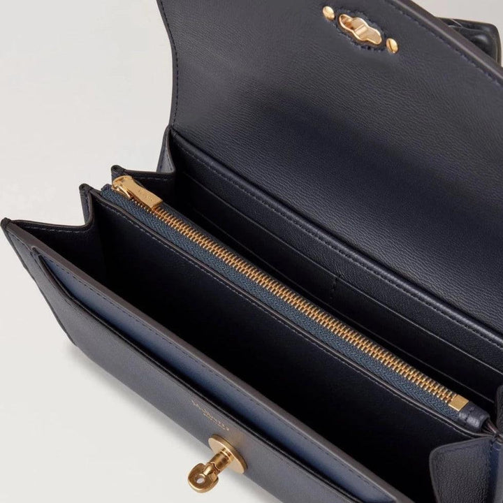 Mulberry Darley Wallet Micro Classic Grain Night Sky shows open wallet in dark blue leather with gold zipper and room for cards, Model RL7816587U888.