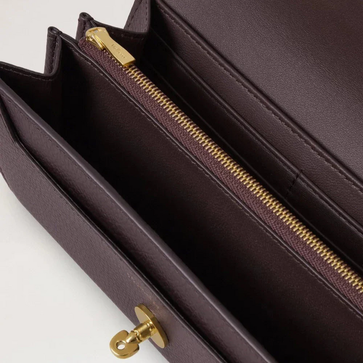 Mulberry Darley Wallet Small Classic Grain Ebony showing interior with compartment and golden zipper, Model RL4868205A110