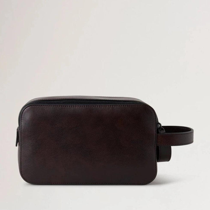 Mulberry Double Zip Wash Case Two Tone Leather Dark Chocolate in brown leather with handle, Model RL7941/611E115