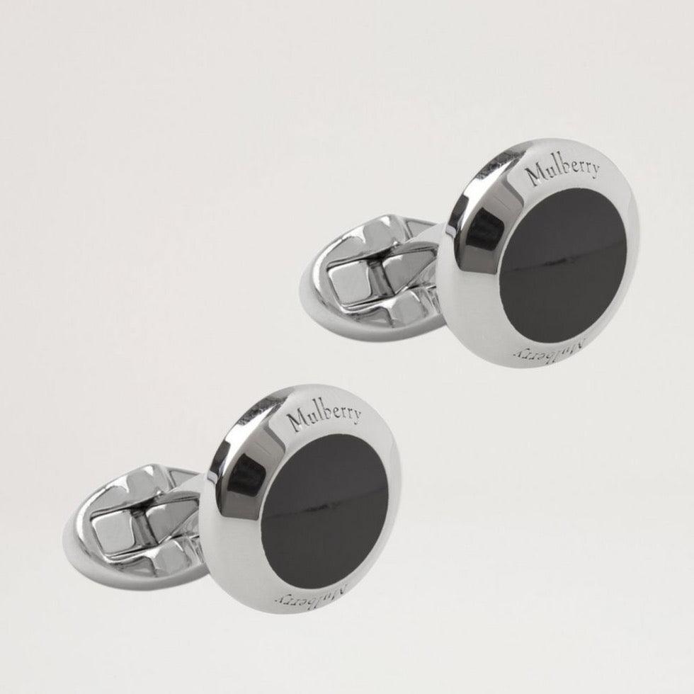 Mulberry Enamel Coin Cufflink, silver colored cufflinks with black enamel detail. Model qc1929000a100.