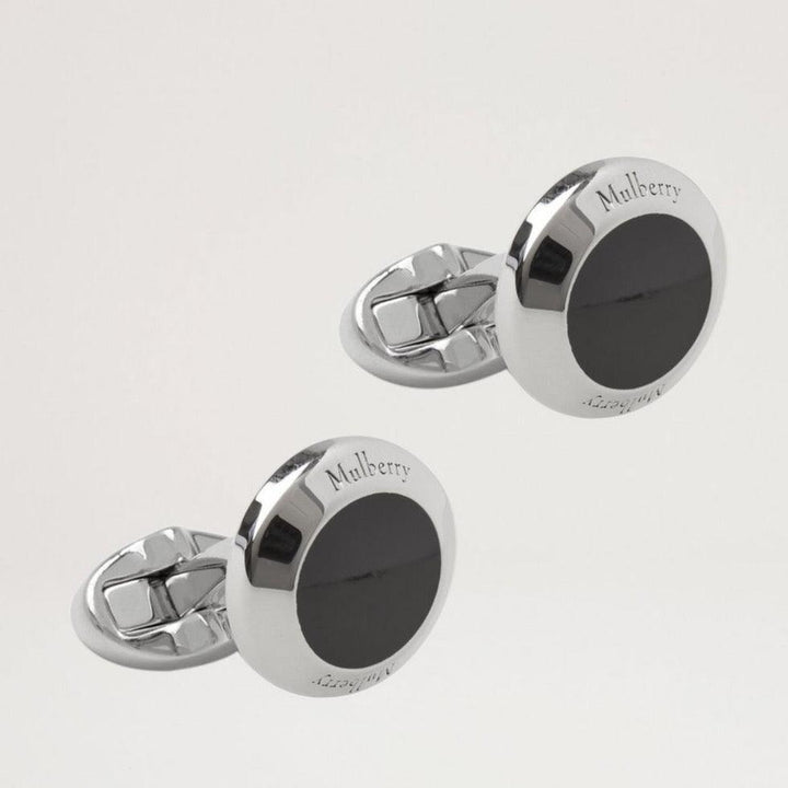 Mulberry Enamel Coin Cufflink, silver colored cufflinks with black enamel detail. Model qc1929000a100.