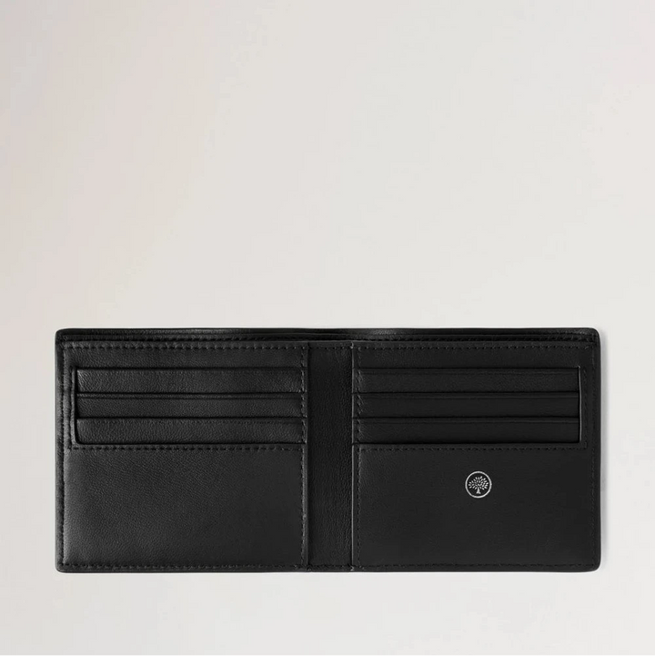 Mulberry Farringdon Card Wallet Black men's wallet shows open black leather wallet with card pockets. Model RL8277645A100
