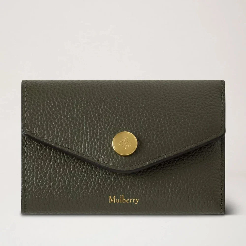 Mulberry Folded Multi Card Wallet, classic small green wallet in embossed leather with gold details. Model RL6447205Q749