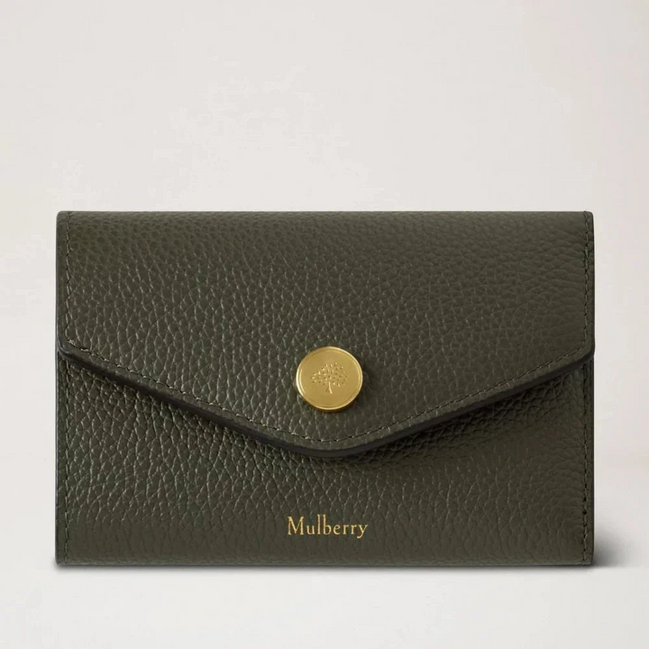Mulberry Folded Multi Card Wallet, classic small green wallet in embossed leather with gold details. Model RL6447205Q749
