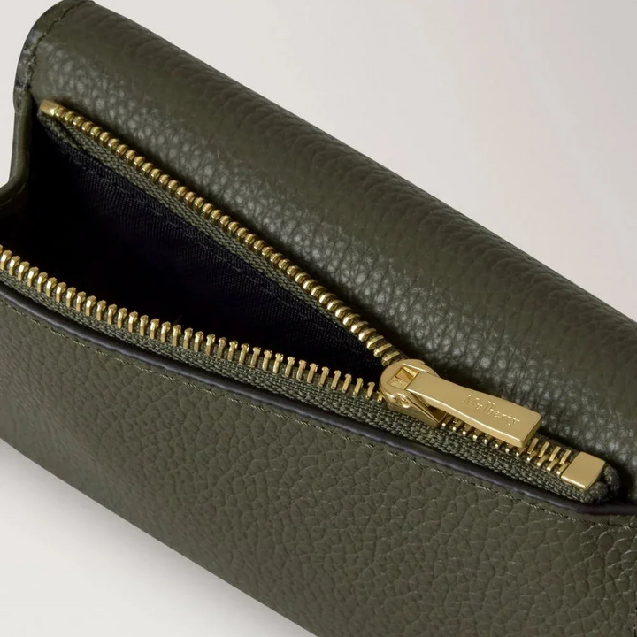 Mulberry Folded Multi-Card Wallet in juniper green, small classic grain leather, closeup of zipper and structure.