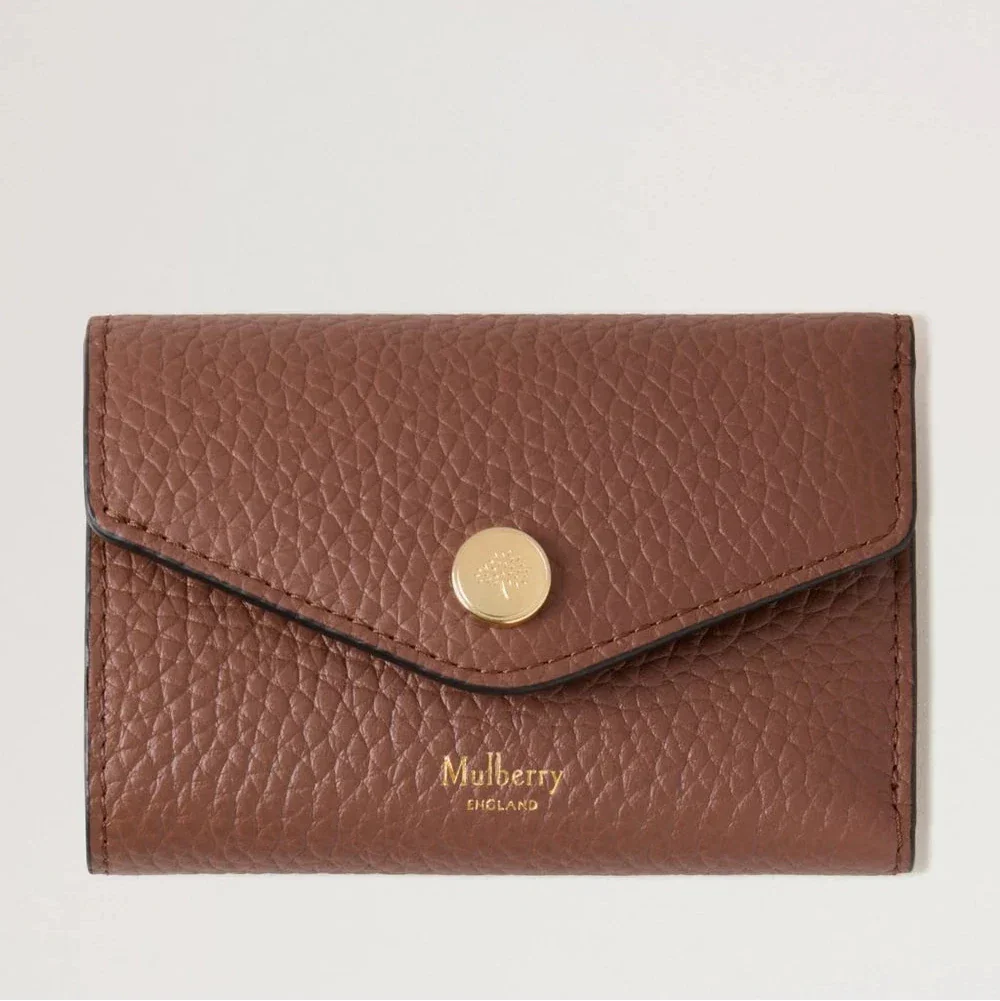 Mulberry Folded Multicard Wallet Bright Oak in embossed brown leather with golden button closure and logo, Model RL6660736G222