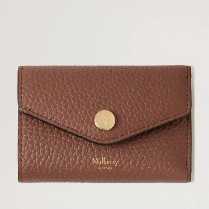 Mulberry Folded Multicard Wallet Bright Oak in embossed brown leather with golden button closure and logo, Model RL6660736G222