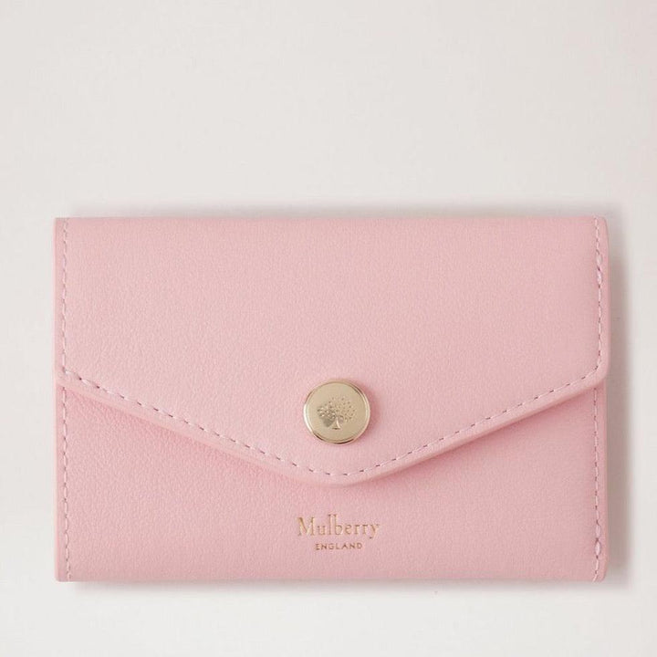 Mulberry Folded Multicard Wallet Micro Classic Grain Powder Rose features a compact, pink leather wallet with a golden button. Model RL7841587J999