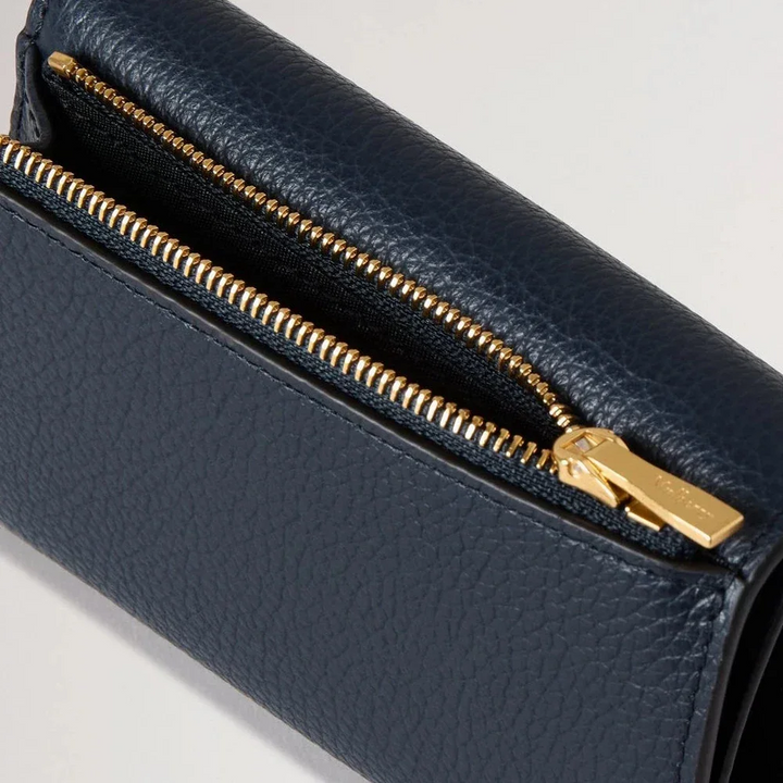 Mulberry Folded Multicard Wallet Night Sky features a dark blue leather detail and golden zipper.