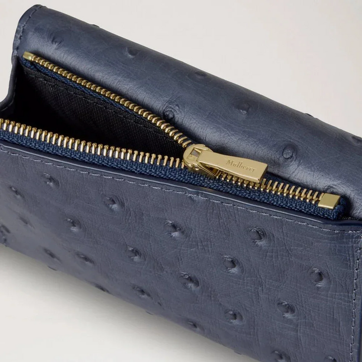 Mulberry Folded Multicard Wallet Ostrich Stormy Blue in embossed leather with zip pocket, model RL8946738U918.