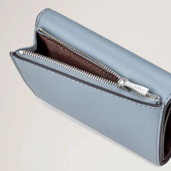 Mulberry Folded Multicard Wallet Poplin Blue shows close-up of blue leather wallet with silver zipper. Model RL7841587U804.