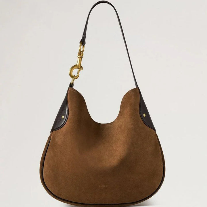 Mulberry Hackney Shoulder Bag vintage oak suede with rounded shape, dark details and golden hardware. Model hh9956047g924