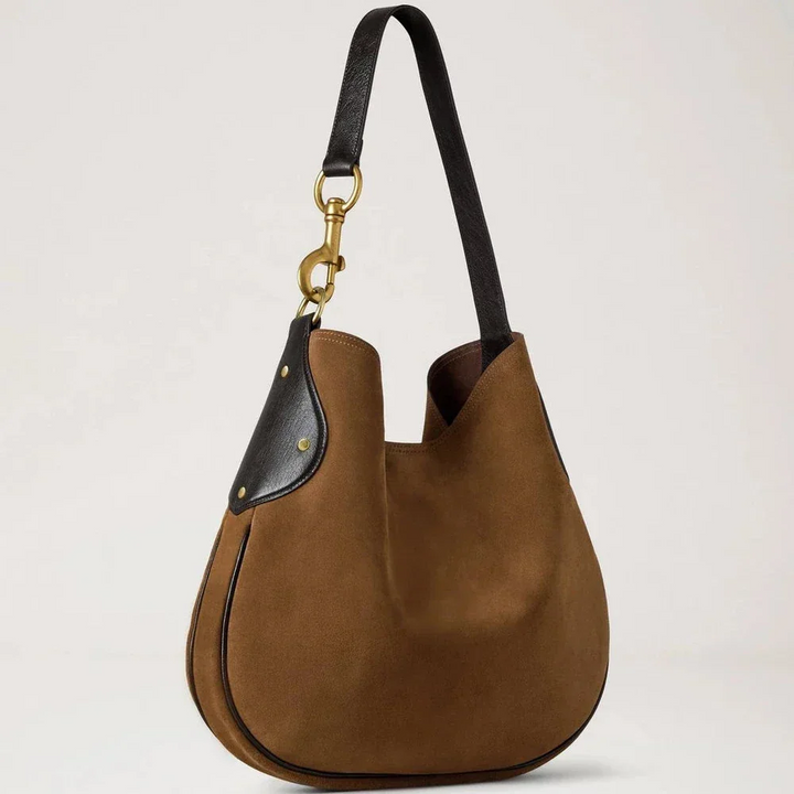 Mulberry Hackney Shoulder Bag vintage oak suede with black shoulder strap and brass details. Model HH9956047G924.