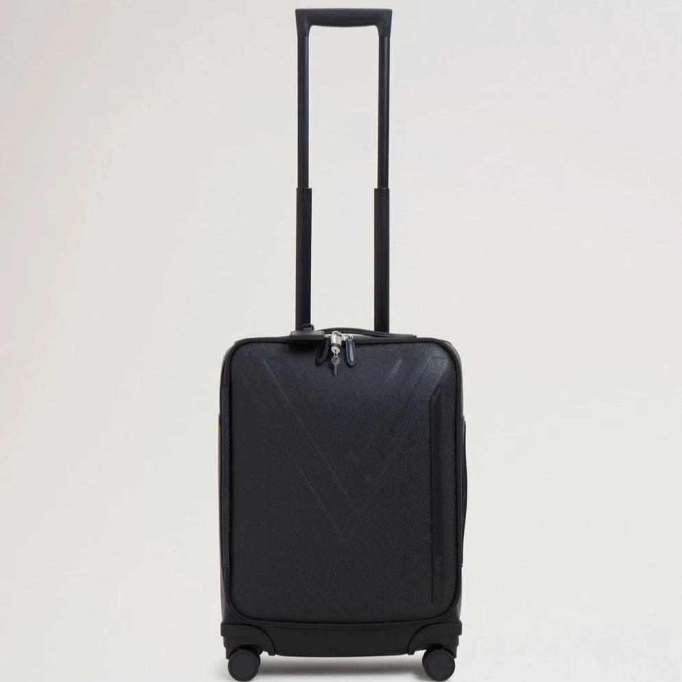 Mulberry Heritage 4 Wheel Suitecase Eco Scotchgrain in Black, front view with extendable handle. Model HL5158127A100.