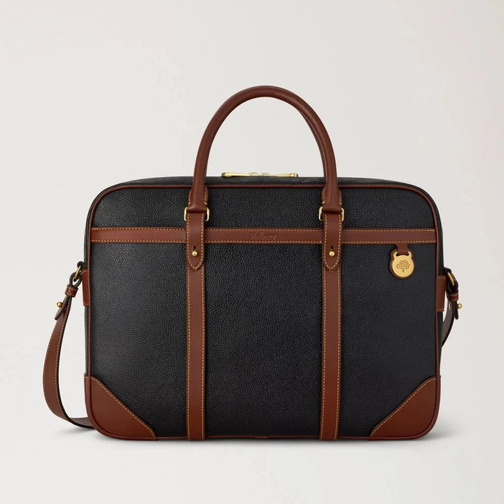 Mulberry Heritage Briefcase Black and Cognac Bio-Based Scotchgrain, elegant briefcase in black with brown leather details. Model hb5130127a340.