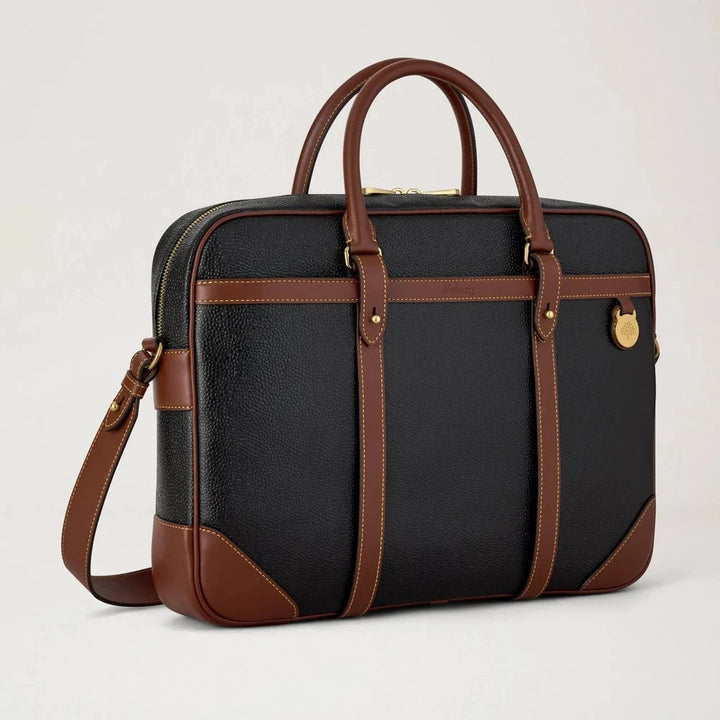 Mulberry Heritage Briefcase black and cognac bio-based scotchgrain with handle and strap, Model HB5130127A340.