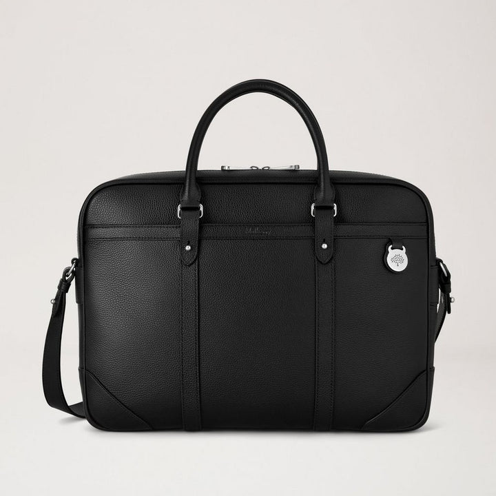 Mulberry Heritage Briefcase Black Small Classic Grain, elegant black leather briefcase with handle and shoulder strap. Model hb5131205a100