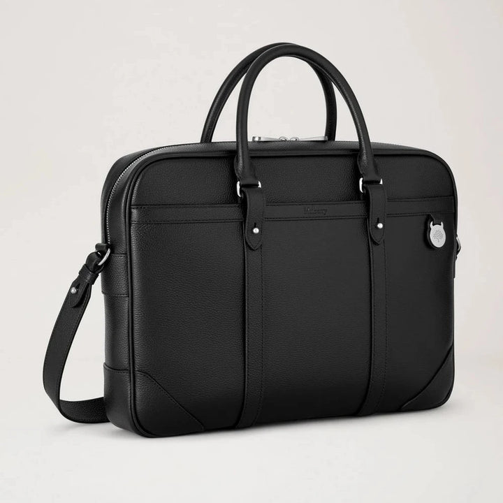 Mulberry Heritage Briefcase Black Small Classic Grain in black leather with handle and removable shoulder strap. Model hb5131205a100