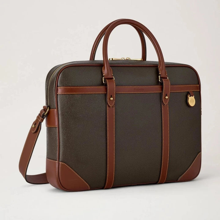 Mulberry Heritage Briefcase Scotchgrain Mole & Cognac, classic computer bag in dark brown and cognac colored leather with handle and removable shoulder strap. Model HB5130127Q330.