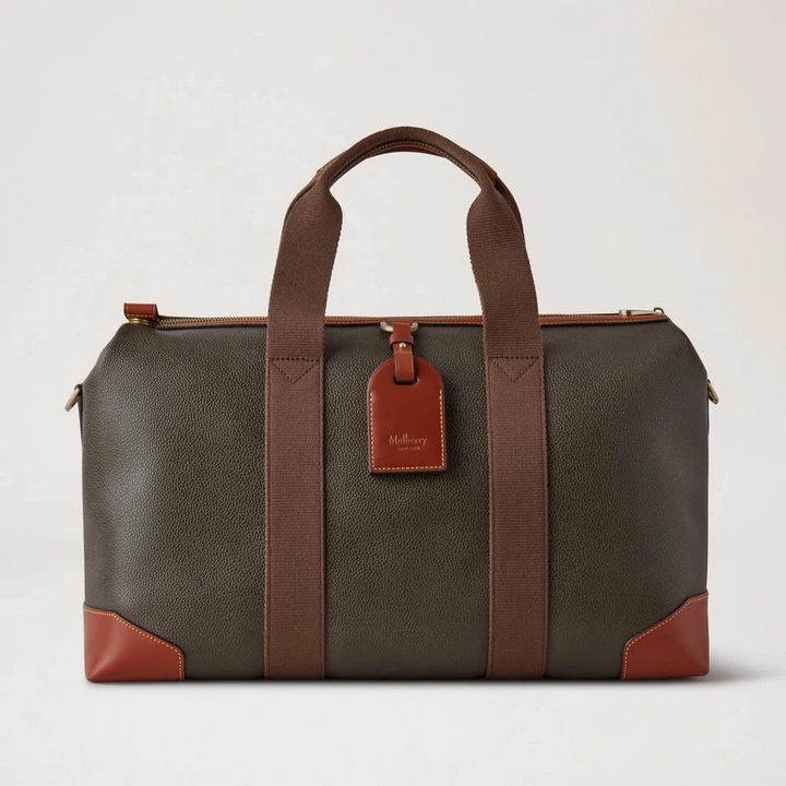 Mulberry Heritage Day Clipper Mole and Cognac Printed Bioveg Scotchgrain weekend bag with brown edges, Model HS5195127Q330.