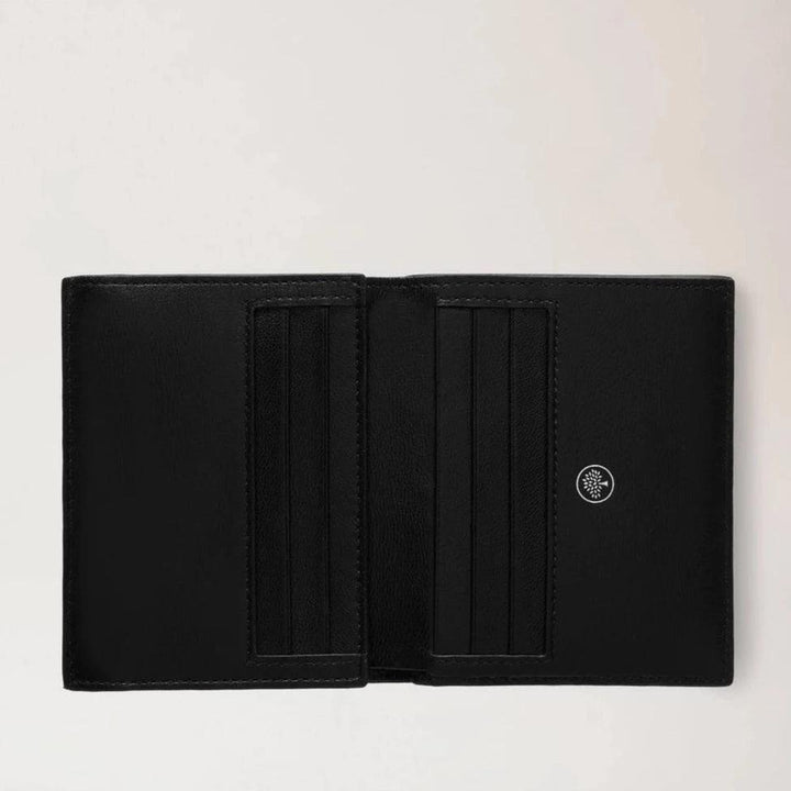 Mulberry Heritage Trifold Wallet Small Classic Grain Black opened, black leather, exposed card holders. Model RL7396205A100