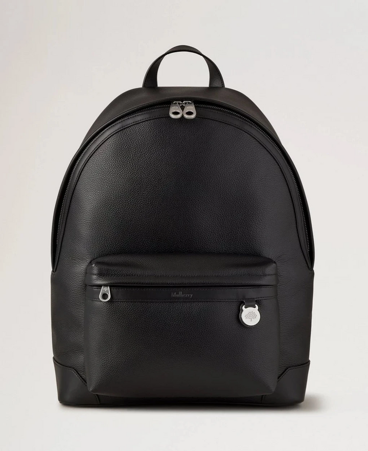 Mulberry Heritage Zipped Backpack Black Small Classic Grain shows a black leather backpack with silver zippers. Model HH9925205A100