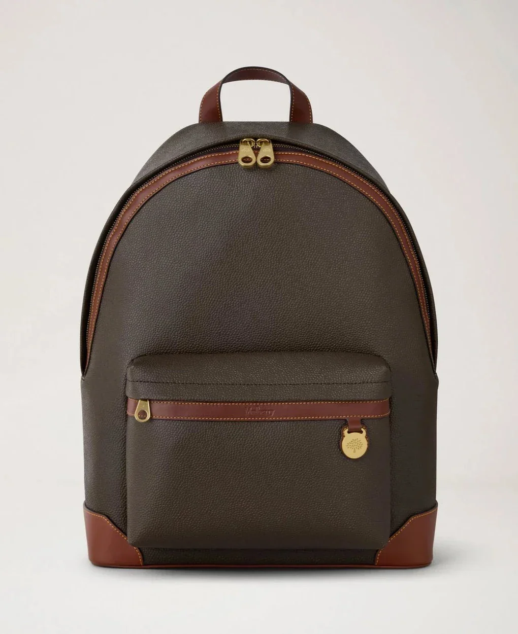 Mulberry Heritage Zipped Backpack mole and cognac bio-based scotchgrain in brown and cognac leather with front pocket. Model HS5215/127Q330