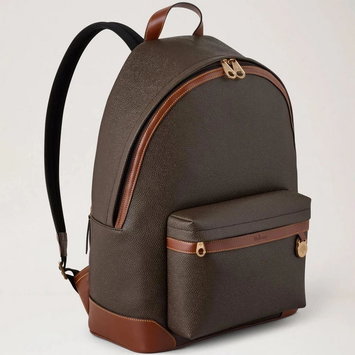 Mulberry Heritage Zipped Backpack Mole and Cognac Bio-based Scotchgrain, brown backpack with front and side pockets, Model HS5215127Q330.