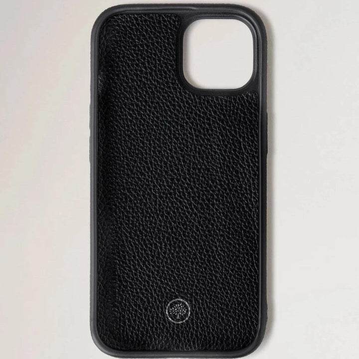 Mulberry iPhone 15 case mobile cover in black leather with embossed surface, seen from the front. Model RL8012205A100.