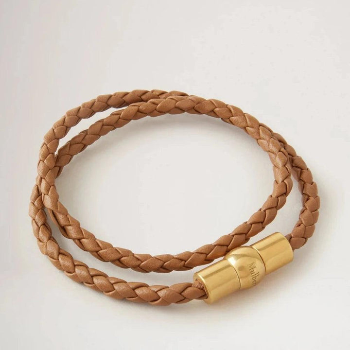 Mulberry Iris Unisex Woven Double Leather Bracelet teak with braided leather and gold clasp. Model QB2384558F180-001