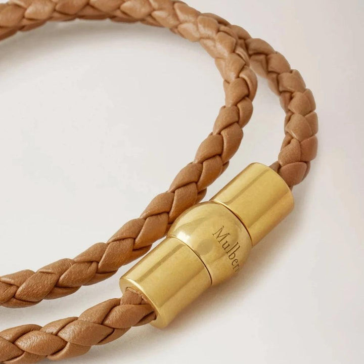 Mulberry Iris Unisex Woven Double Leather Bracelet teak with braid details and gold clasp, Model QB2384558F180-001-2.