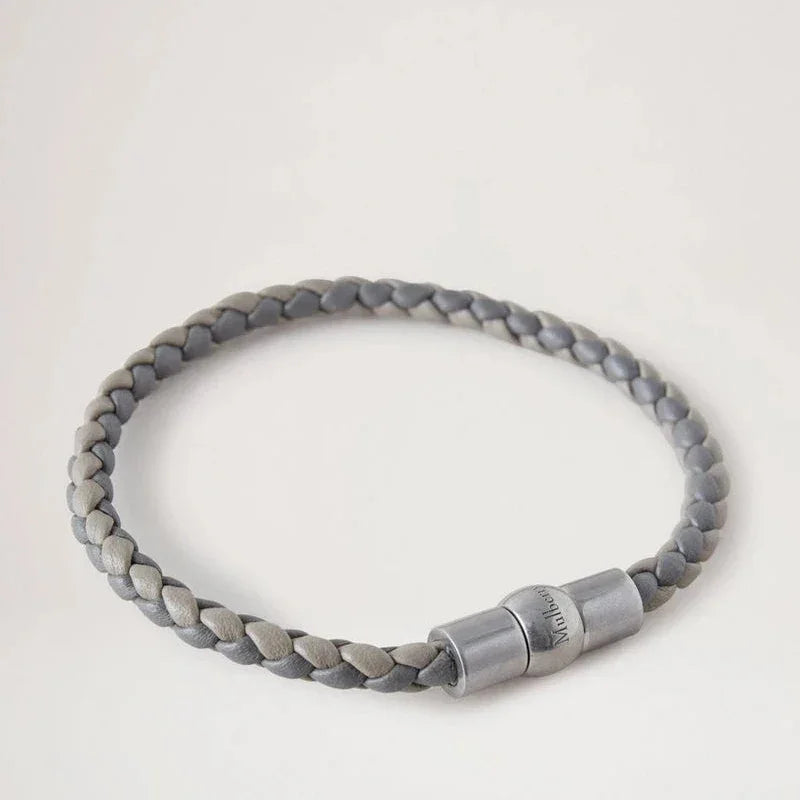 Mulberry Iris Unisex Woven Leather Bracelet shows a woven leather bracelet in gray shades, Model QB2375736C111.