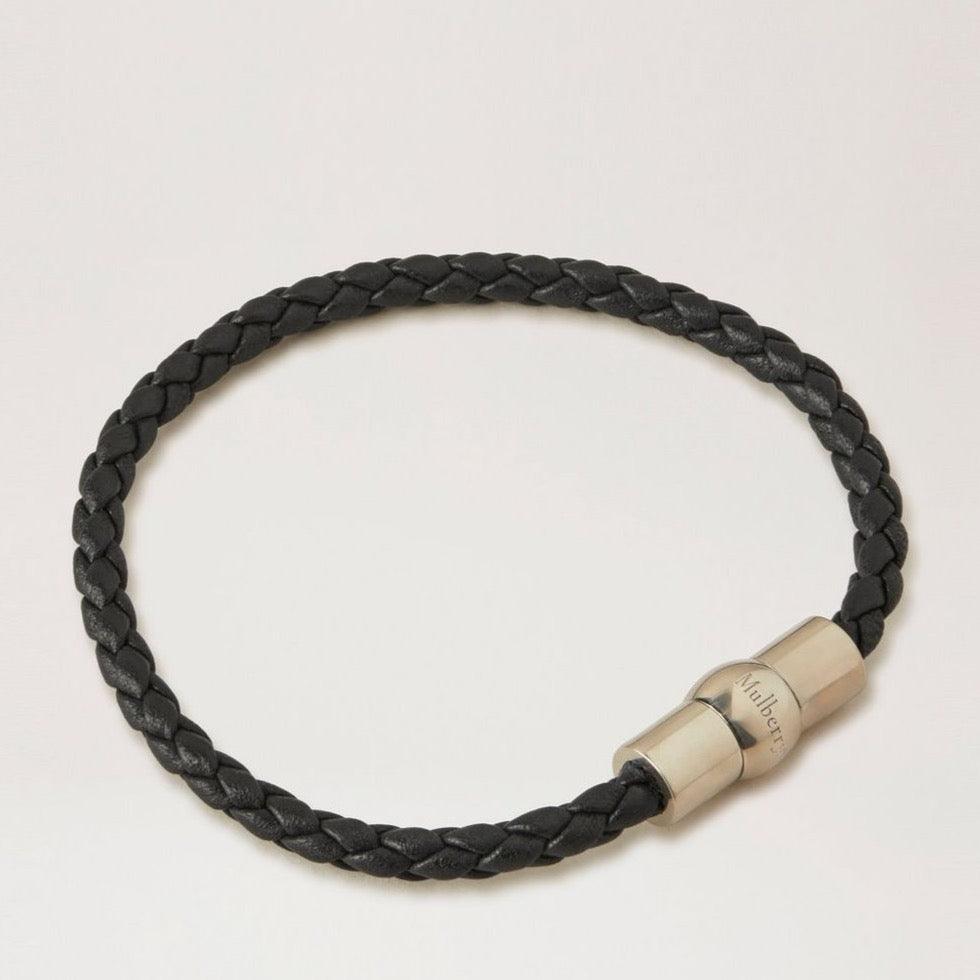 Mulberry Iris Unisex Woven Leather Bracelet with braided black leather and silver clasp. Model QB2389657A100-001