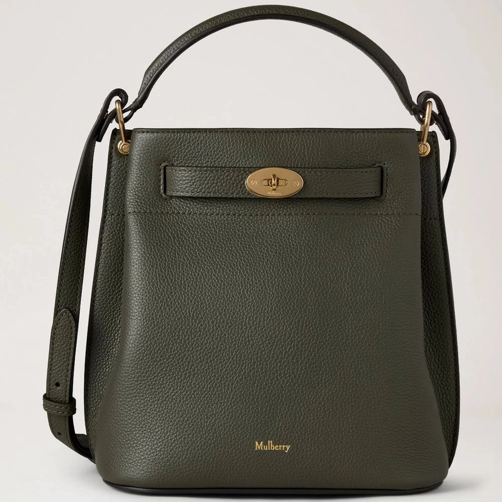 Mulberry Islington Bucket Juniper Green Small Classic Grain, elegant green leather bag with gold details. Model hh9390205q749