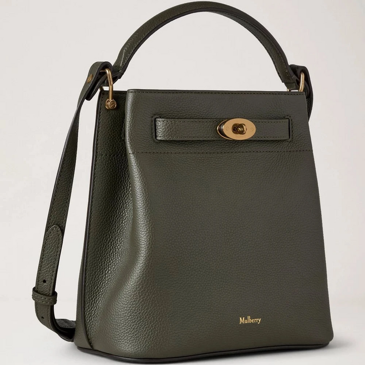 Mulberry Islington Bucket Juniper Green Small Classic Grain in green leather with golden details. Model HH9390205Q749