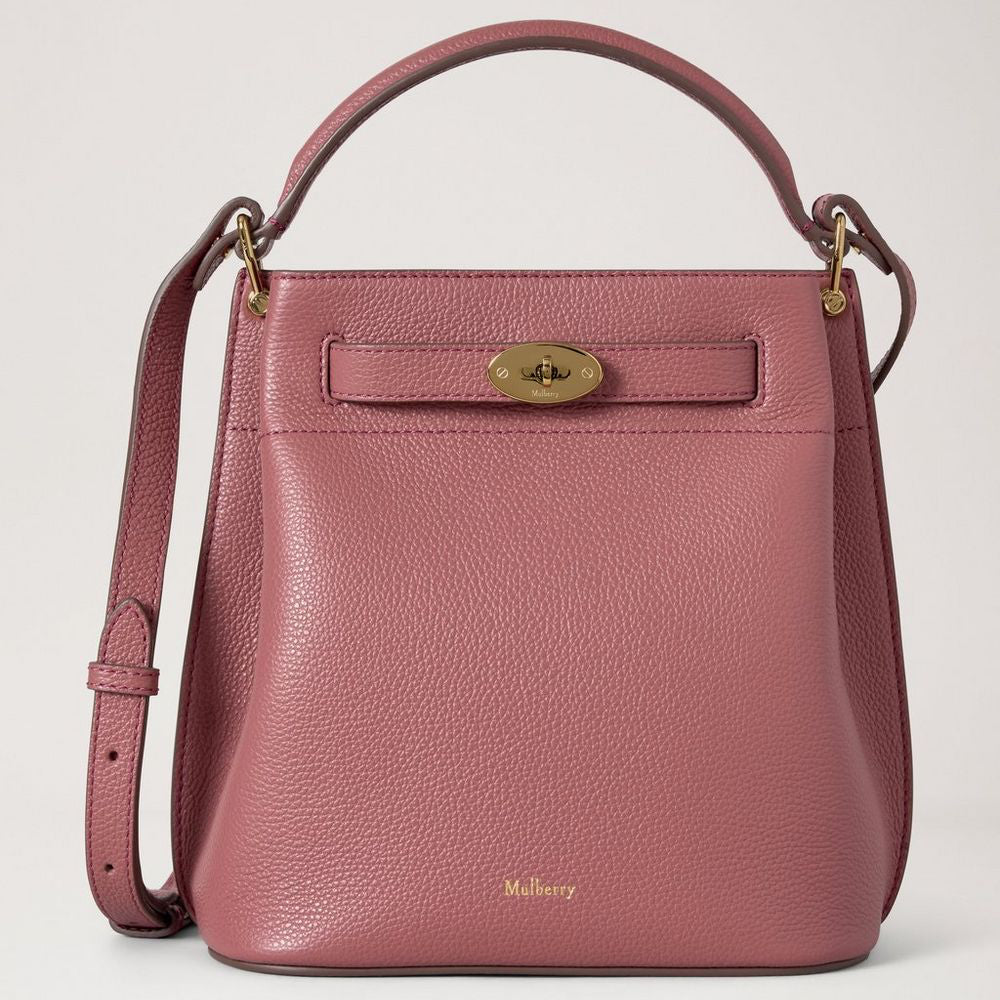 Mulberry Islington Bucket Pink Scrumpy Small Classic Grain seen from the front in pink leather with gold details. Model hh9390205j647