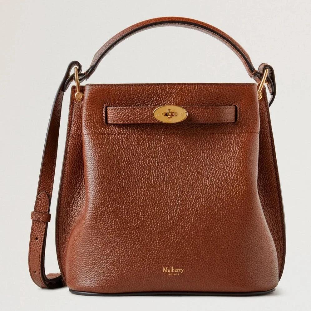 Mulberry Islington Bucket Small Classic Grain Oak, brown leather shoulder bag with gold buckle. Model hh9395552g110