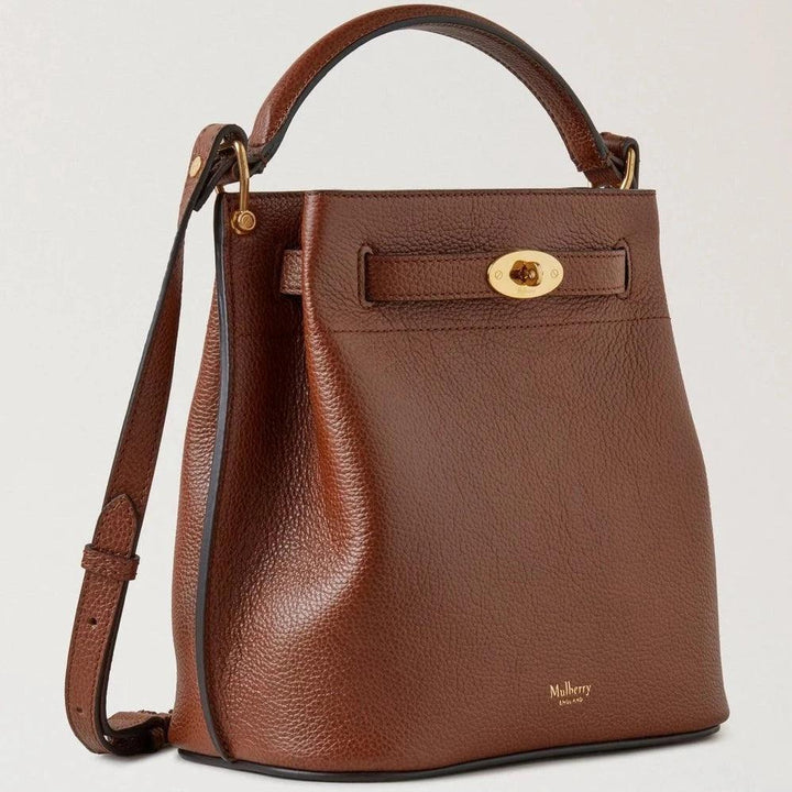 Mulberry Islington Bucket Small Classic Grain Oak, brown leather bag with gold details. Model HH9395552G110.