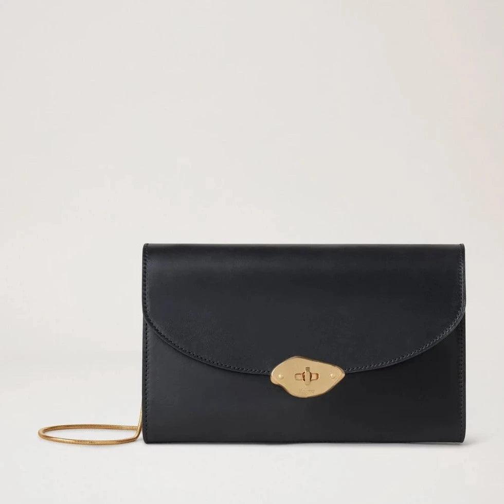 Mulberry Lana Clutch High Gloss Leather Black with golden buckle, elegant leather bag. Model RL8043 615A100