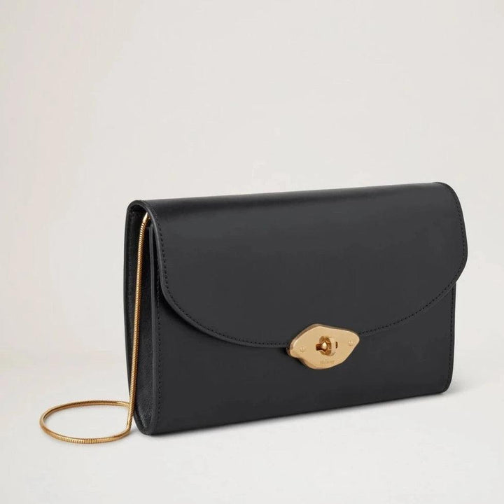 Mulberry Lana Clutch High Gloss Leather Black elegant clutch in black leather with gold chain and clasp, Model RL8043-615A100.