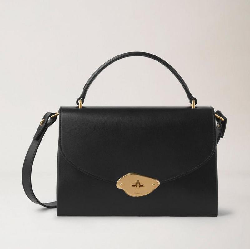 Mulberry Lana Top Handle Black High Gloss Leather, classic black handbag in glossy leather with gold details. Model hh9267615a100.