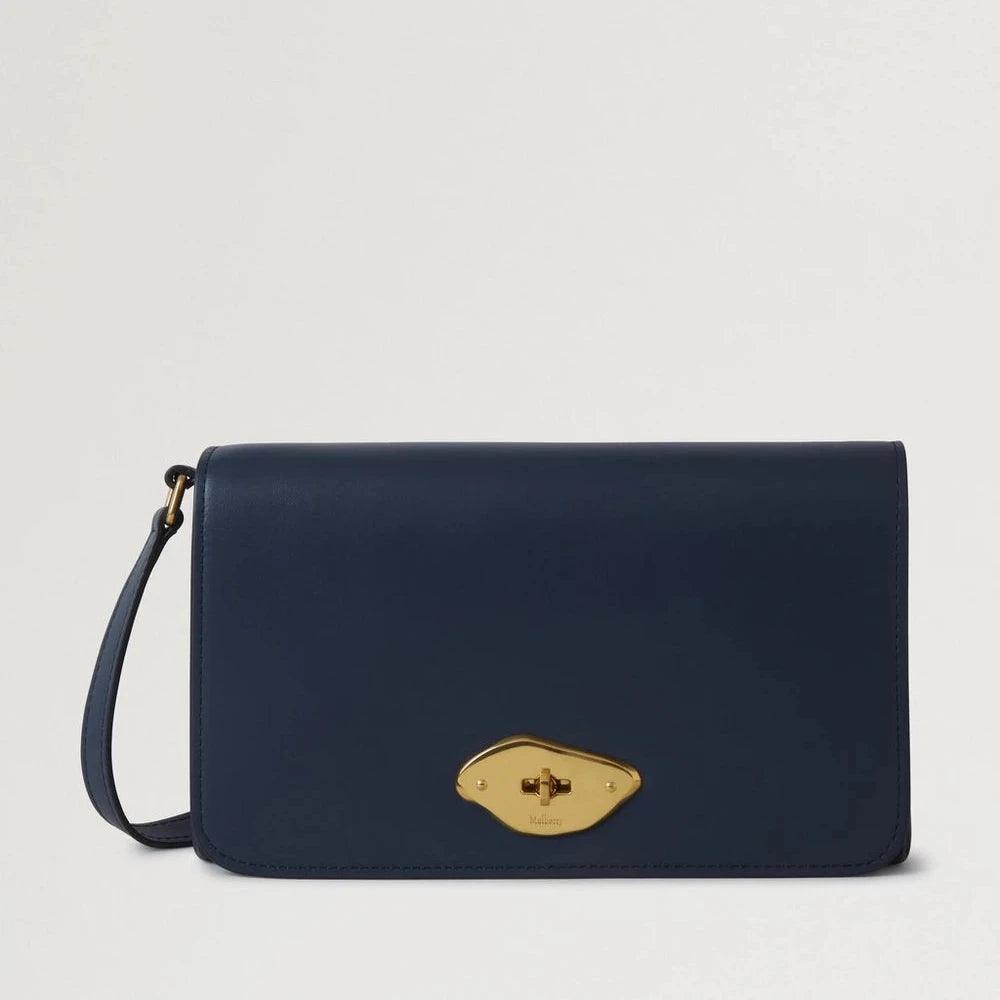 Mulberry Lana Wallet on Strap High Gloss Leather Night Sky with gold-colored buckle in smooth, dark blue leather. Model RL8058615U888