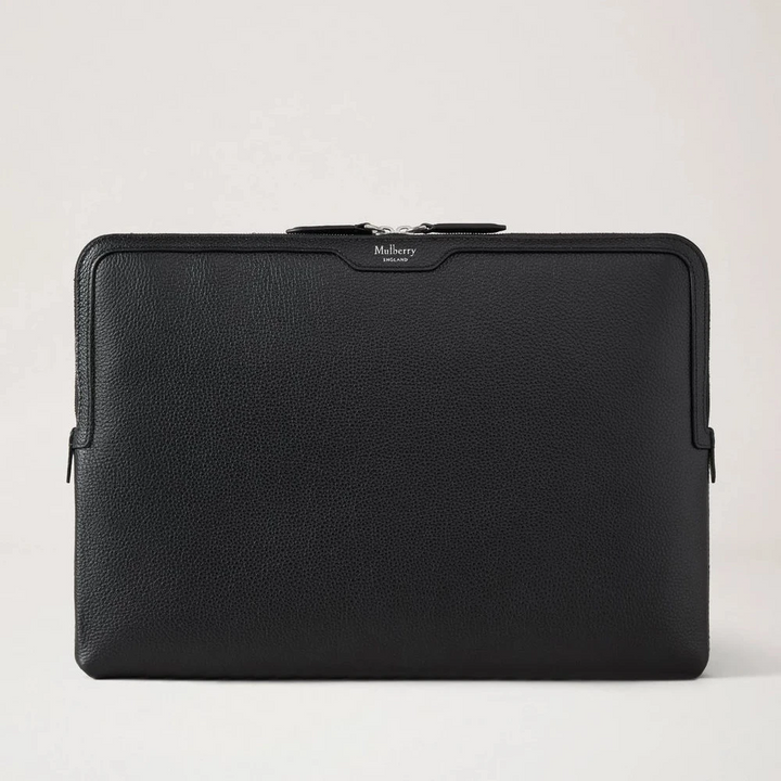 Mulberry Laptop Case Black Small Classic Grain shows an elegant black leather laptop sleeve, Model RL8791205A100.
